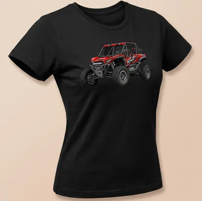 Illustration of a Kawasaki Teryx KRX UTV with 'Teryx KRX Baja Spec' text in red and black. — printed on a women's shirt
