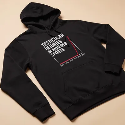 Minimalist graphic t-shirt featuring a red, white, and gray graph with text about injuries in women's sports. — printed on a unisex hoodie