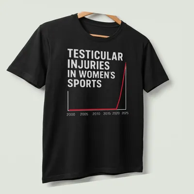 Minimalist graphic t-shirt featuring a red, white, and gray graph with text about injuries in women's sports. — printed on a unisex t-shirt (angled view)