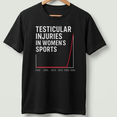 Minimalist graphic t-shirt featuring a red, white, and gray graph with text about injuries in women's sports.