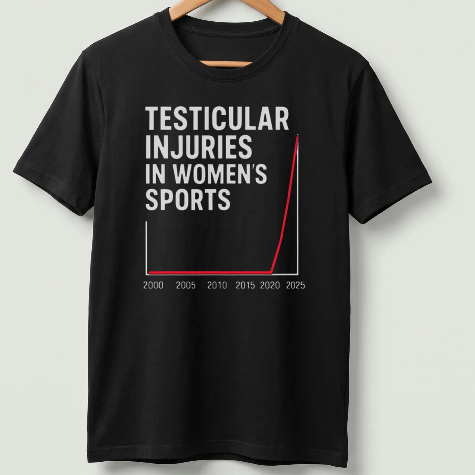 Minimalist graphic t-shirt featuring a red, white, and gray graph with text about injuries in women's sports. — printed on a unisex t-shirt