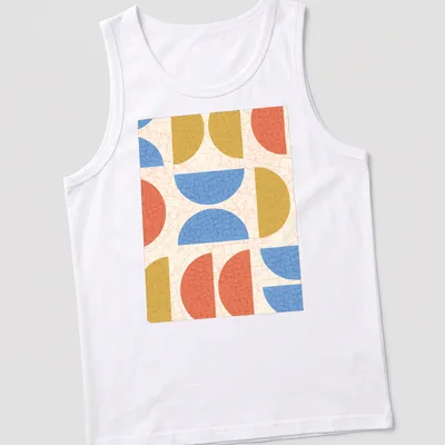 Modern geometric semicircles in cream, blue, red, and gold on — printed on a tank top