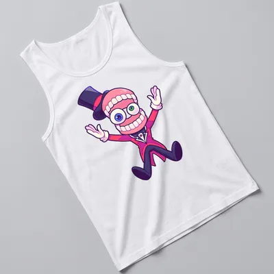 Cartoon character with a top hat and exaggerated teeth on a colorful — printed on a tank top