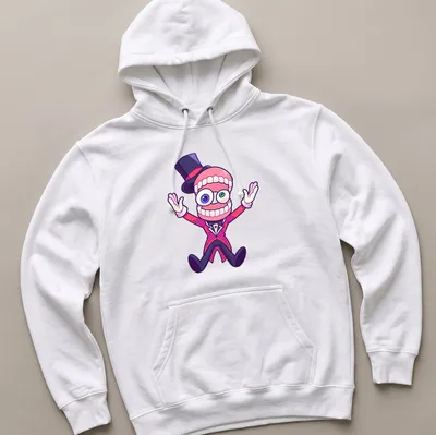 Cartoon character with a top hat and exaggerated teeth on a colorful — printed on a unisex hoodie