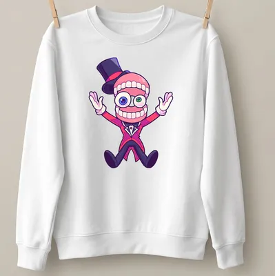 Cartoon character with a top hat and exaggerated teeth on a colorful — printed on a unisex sweatshirt