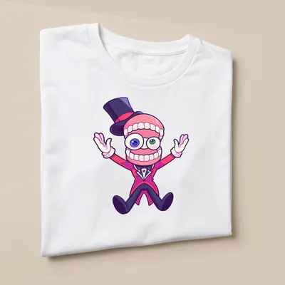 Cartoon character with a top hat and exaggerated teeth on a colorful — printed on a unisex t-shirt (angled view)