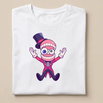 Cartoon character with a top hat and exaggerated teeth on a colorful shirt