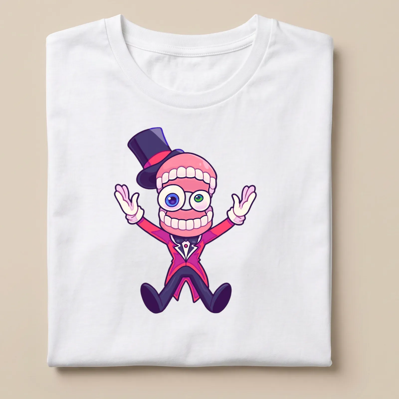 Cartoon character with a top hat and exaggerated teeth on a colorful — printed on a unisex t-shirt