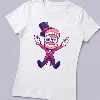Cartoon character with a top hat and exaggerated teeth on a colorful — printed on a women's shirt