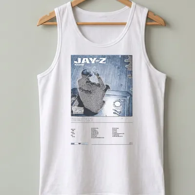 Bold illustration of Jay-Z's Blueprint album cover in blue, black, and white. — printed on a tank top