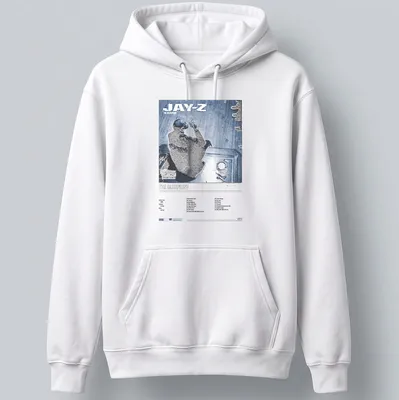 Bold illustration of Jay-Z's Blueprint album cover in blue, black, and white. — printed on a unisex hoodie