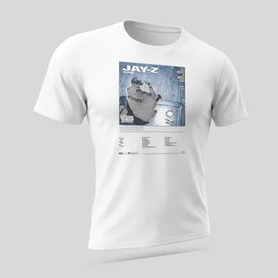 Bold illustration of Jay-Z's Blueprint album cover in blue, black, and white. — printed on a unisex t-shirt (angled view)