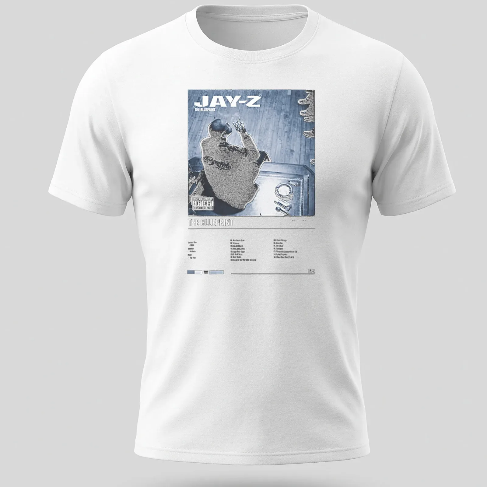 Bold illustration of Jay-Z's Blueprint album cover in blue, black, and white. — printed on a unisex t-shirt
