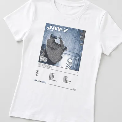 Bold illustration of Jay-Z's Blueprint album cover in blue, black, and white. — printed on a women's shirt