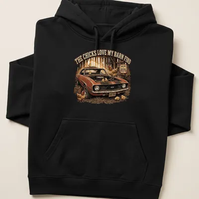 Vintage Camaro surrounded by cartoon chickens with humorous text. — printed on a unisex hoodie