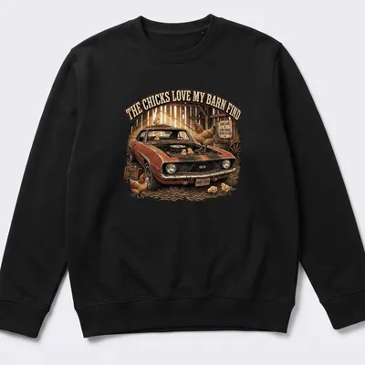 Vintage Camaro surrounded by cartoon chickens with humorous text. — printed on a unisex sweatshirt