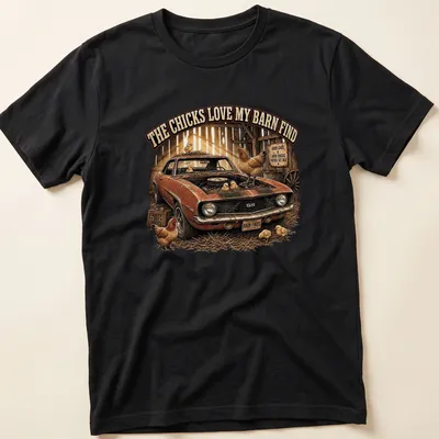 Vintage Camaro surrounded by cartoon chickens with humorous text. — printed on a unisex t-shirt