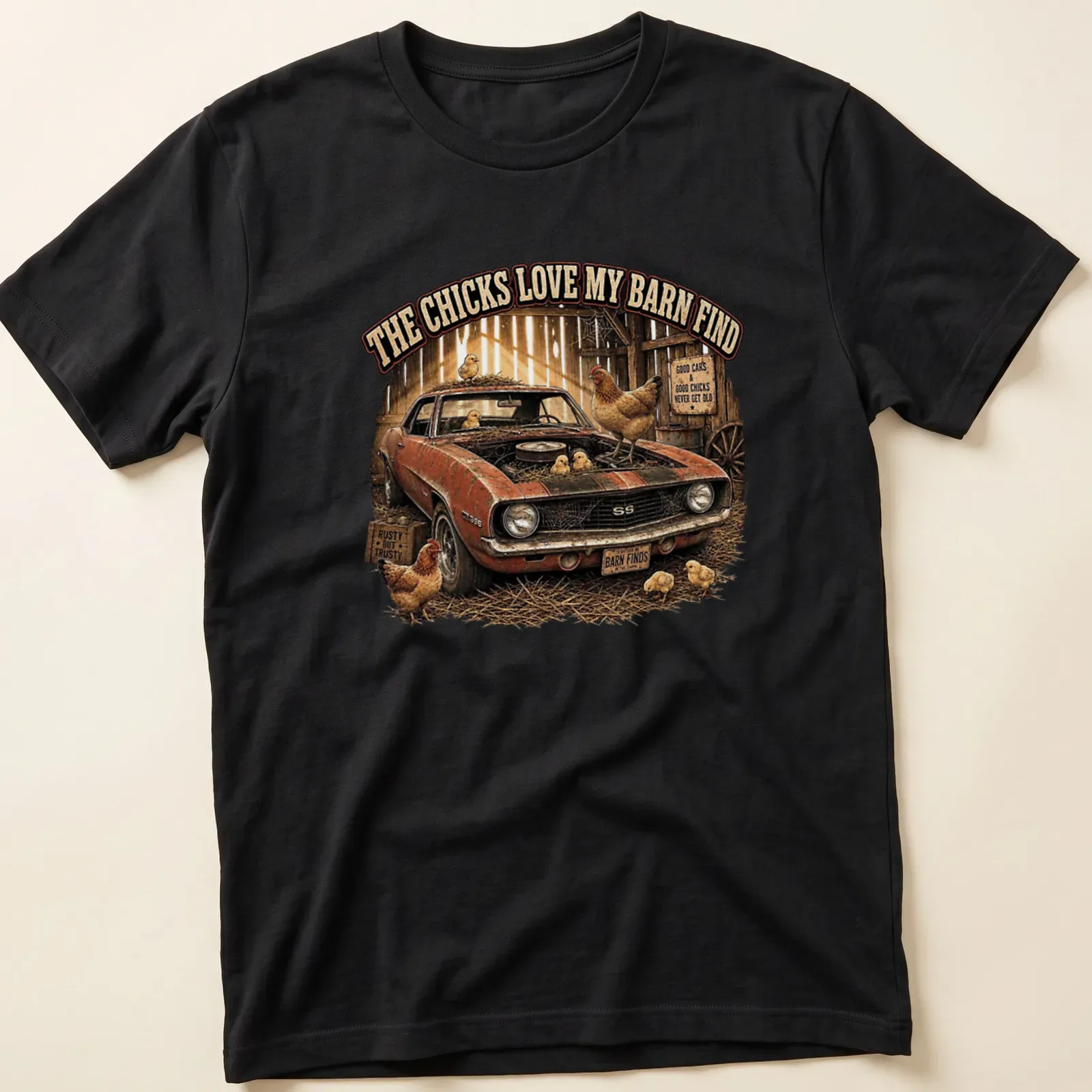 Vintage Camaro surrounded by cartoon chickens with humorous text. — printed on a unisex t-shirt