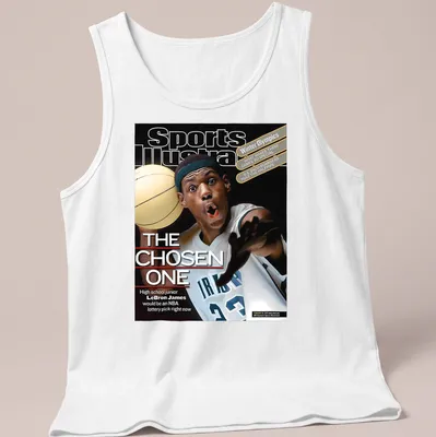 LeBron James Sports Illustrated T-shirt featuring 'THE CHOSEN ONE' text and vibrant colors. — printed on a tank top