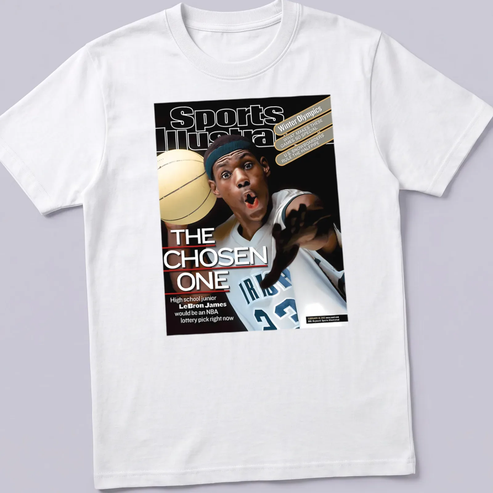 LeBron James Sports Illustrated T-shirt featuring 'THE CHOSEN ONE' text and vibrant colors. — printed on a unisex t-shirt