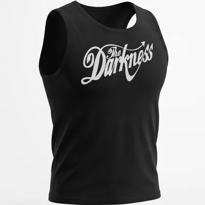 White cursive script 'The Darkness' with an arrow tail on a black — printed on a tank top