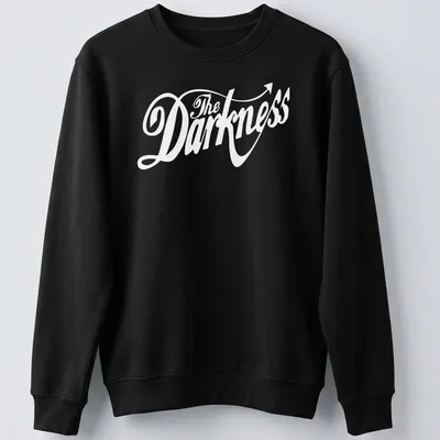 White cursive script 'The Darkness' with an arrow tail on a black — printed on a unisex sweatshirt