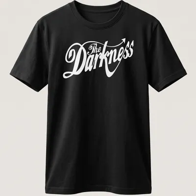 White cursive script 'The Darkness' with an arrow tail on a black — printed on a unisex t-shirt