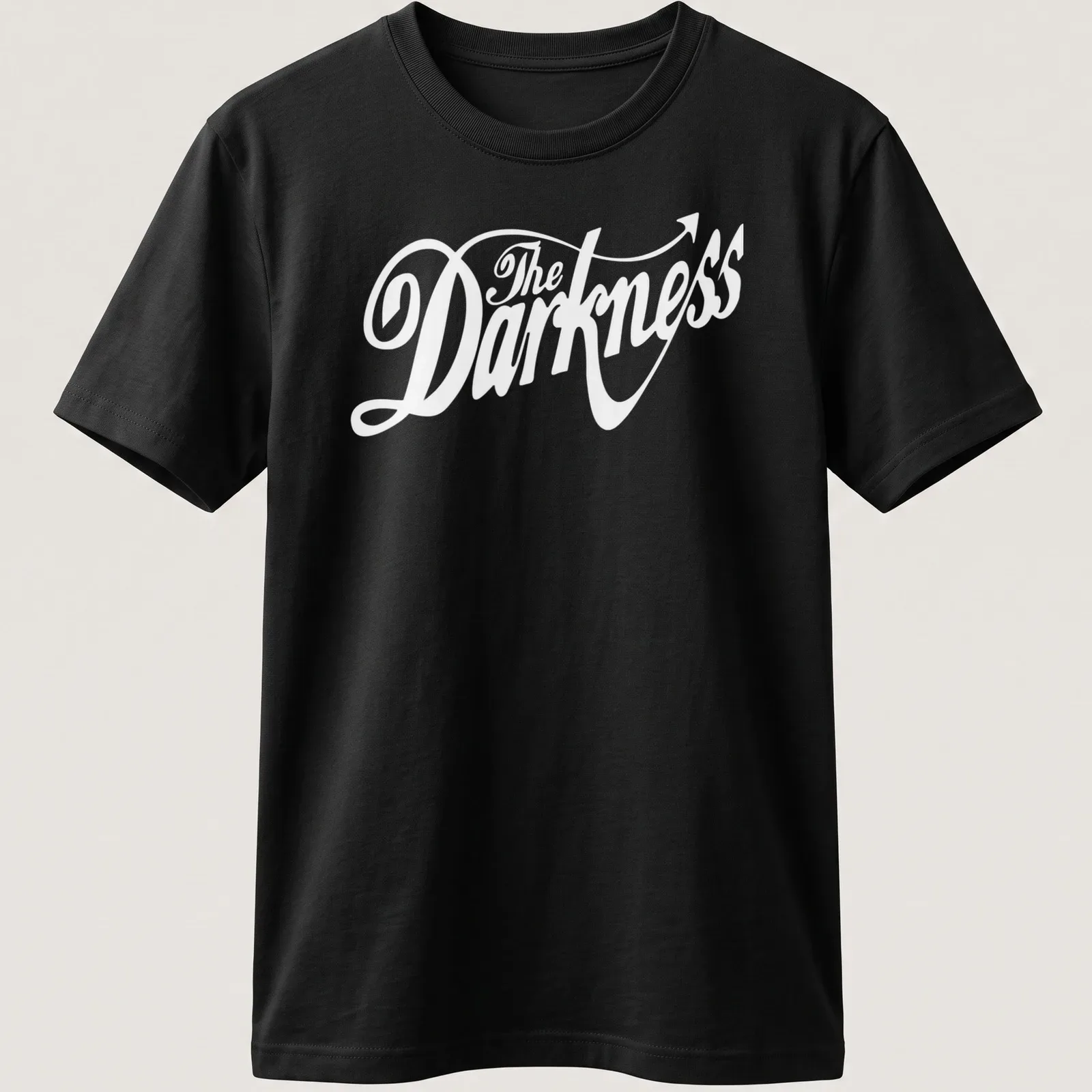 White cursive script 'The Darkness' with an arrow tail on a black — printed on a unisex t-shirt