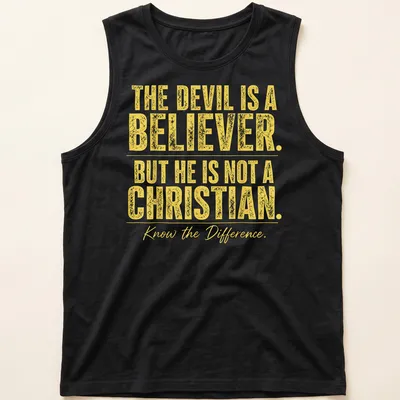 Bold typography t-shirt with the phrase about the devil's beliefs in yellow and white — printed on a tank top