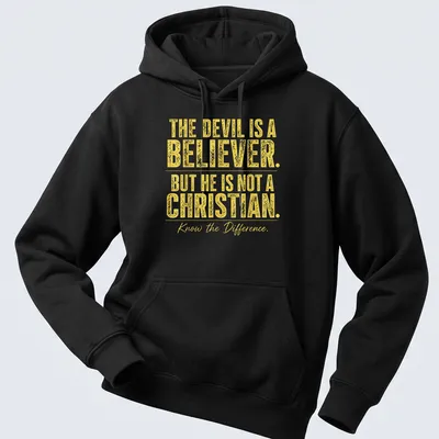 Bold typography t-shirt with the phrase about the devil's beliefs in yellow and white — printed on a unisex hoodie