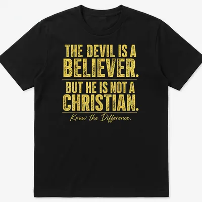 Bold typography t-shirt with the phrase about the devil's beliefs in yellow and white