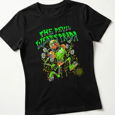 Cartoon character in a space suit with vibrant colors and humorous text — printed on a women's shirt