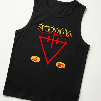 Vintage t-shirt featuring a stylized devil graphic and text 'The Devil Wears Prada' in red and yellow — printed on a tank top