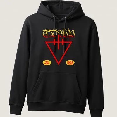 Vintage t-shirt featuring a stylized devil graphic and text 'The Devil Wears Prada' in red and yellow — printed on a unisex hoodie