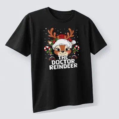 Kawaii style T-shirt featuring a cute reindeer and festive lettering — printed on a unisex t-shirt (angled view)