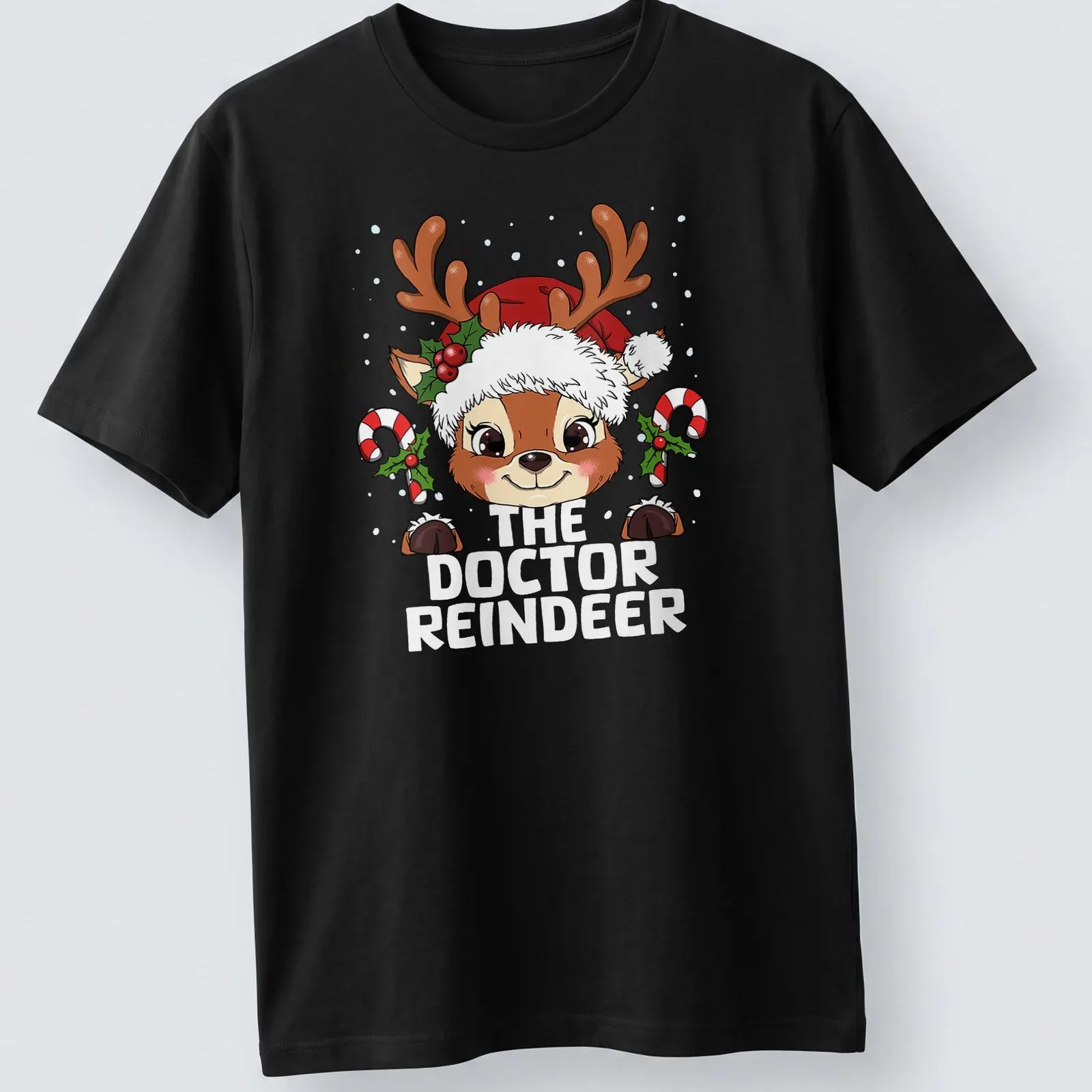 Kawaii style T-shirt featuring a cute reindeer and festive lettering — printed on a unisex t-shirt