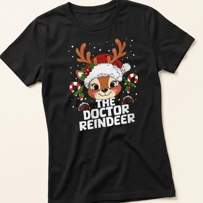 Kawaii style T-shirt featuring a cute reindeer and festive lettering — printed on a women's shirt