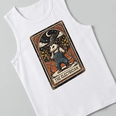 Opossum illustrated in vintage tarot style with 'THE ELECTRICIAN' text — printed on a tank top