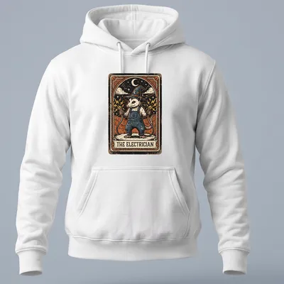 Opossum illustrated in vintage tarot style with 'THE ELECTRICIAN' text — printed on a unisex hoodie