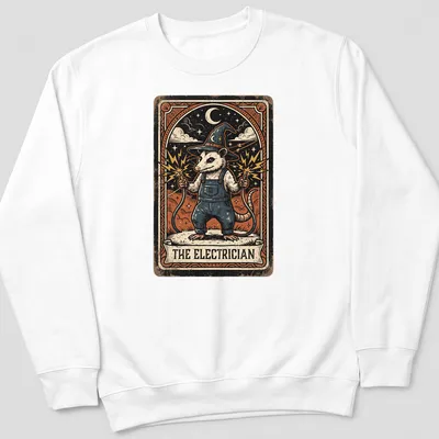 Opossum illustrated in vintage tarot style with 'THE ELECTRICIAN' text — printed on a unisex sweatshirt