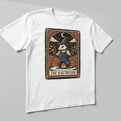 Opossum illustrated in vintage tarot style with 'THE ELECTRICIAN' text — printed on a unisex t-shirt (angled view)