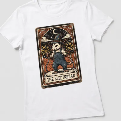 Opossum illustrated in vintage tarot style with 'THE ELECTRICIAN' text — printed on a women's shirt