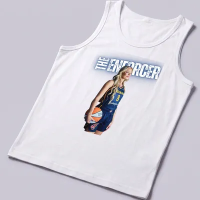 Illustration of a basketball player with 'THE ENFORCER' text in navy, yellow, and white. — printed on a tank top