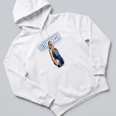 Illustration of a basketball player with 'THE ENFORCER' text in navy, yellow, and white. — printed on a unisex hoodie