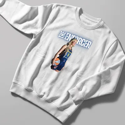 Illustration of a basketball player with 'THE ENFORCER' text in navy, yellow, and white. — printed on a unisex sweatshirt