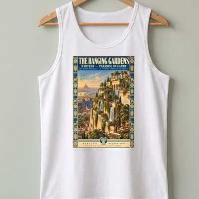 Vintage travel poster graphic of the Hanging Gardens of Babylon with rich colors — printed on a tank top