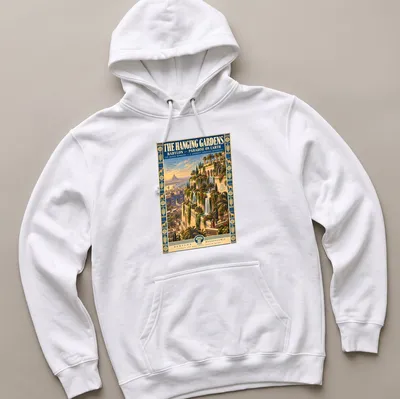 Vintage travel poster graphic of the Hanging Gardens of Babylon with rich colors — printed on a unisex hoodie