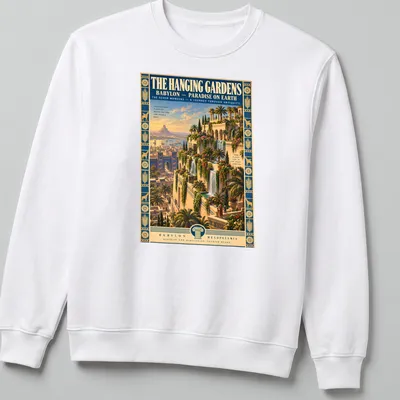 Vintage travel poster graphic of the Hanging Gardens of Babylon with rich colors — printed on a unisex sweatshirt