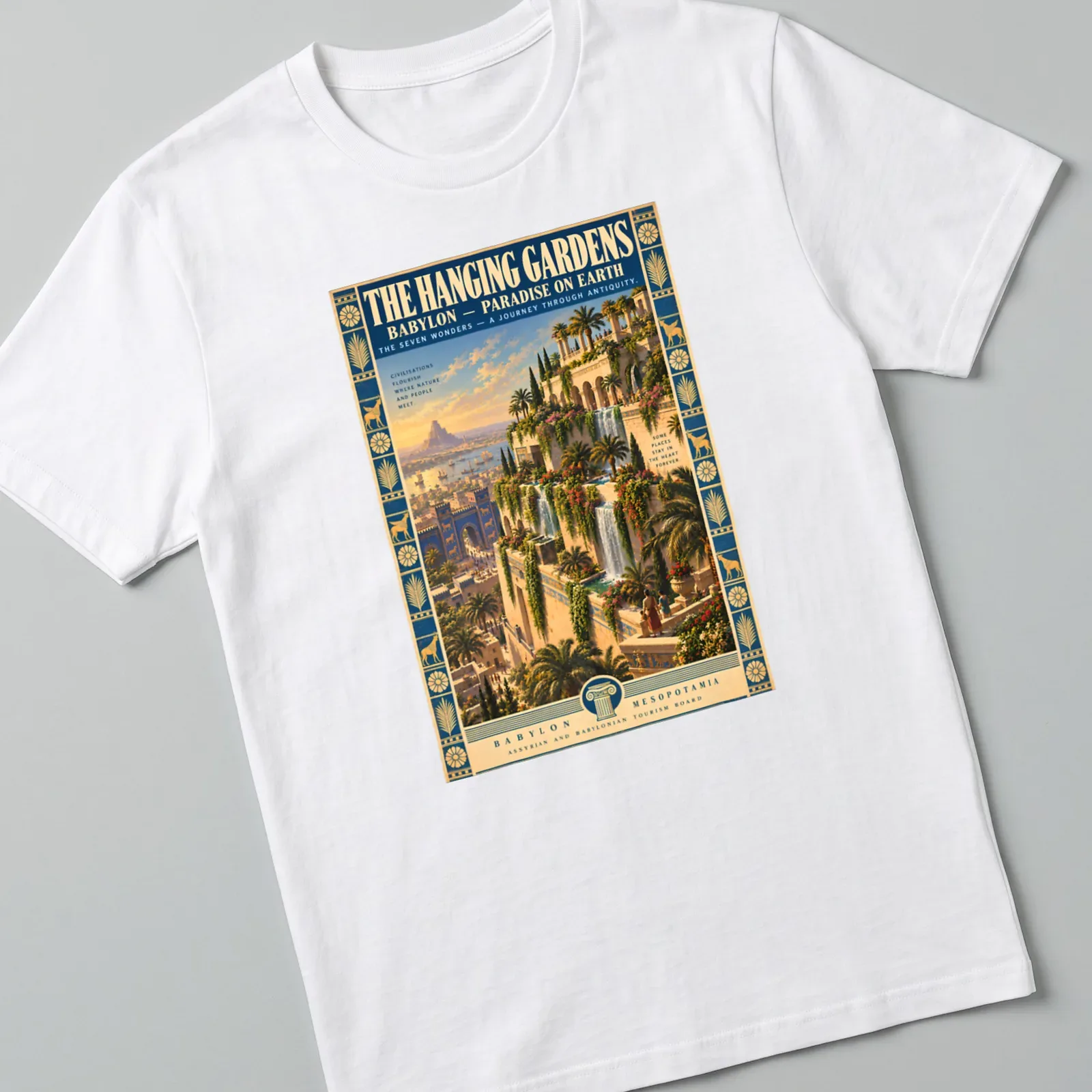 Vintage travel poster graphic of the Hanging Gardens of Babylon with rich colors — printed on a unisex t-shirt