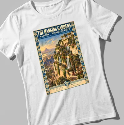 Vintage travel poster graphic of the Hanging Gardens of Babylon with rich colors — printed on a women's shirt